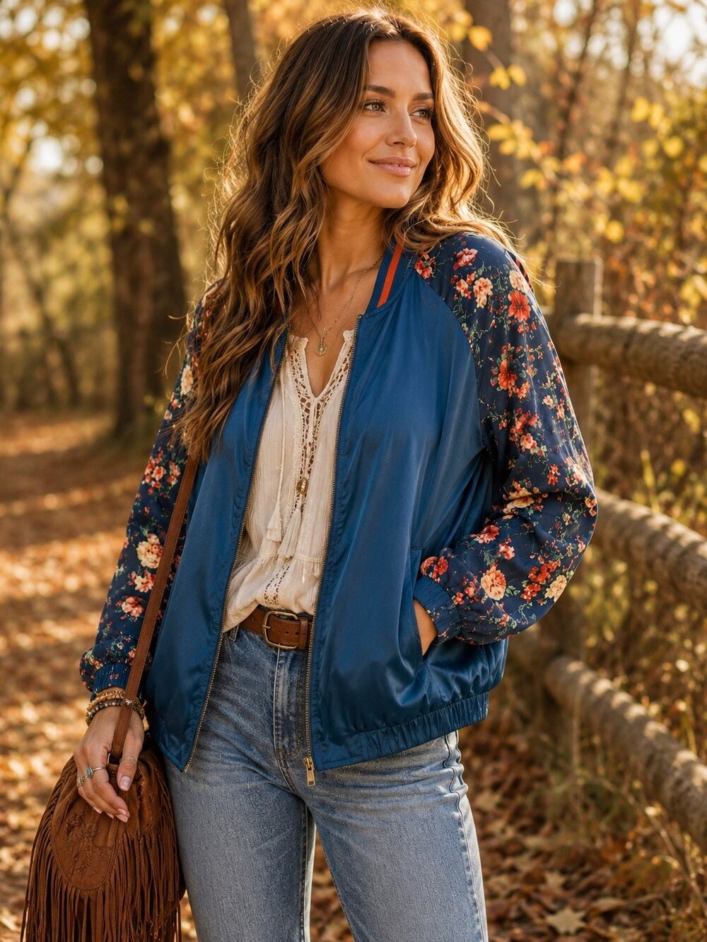 Hem & Thread Boho Floral Sleeve Bomber Jacket Blue Full Zip Front Women’s L